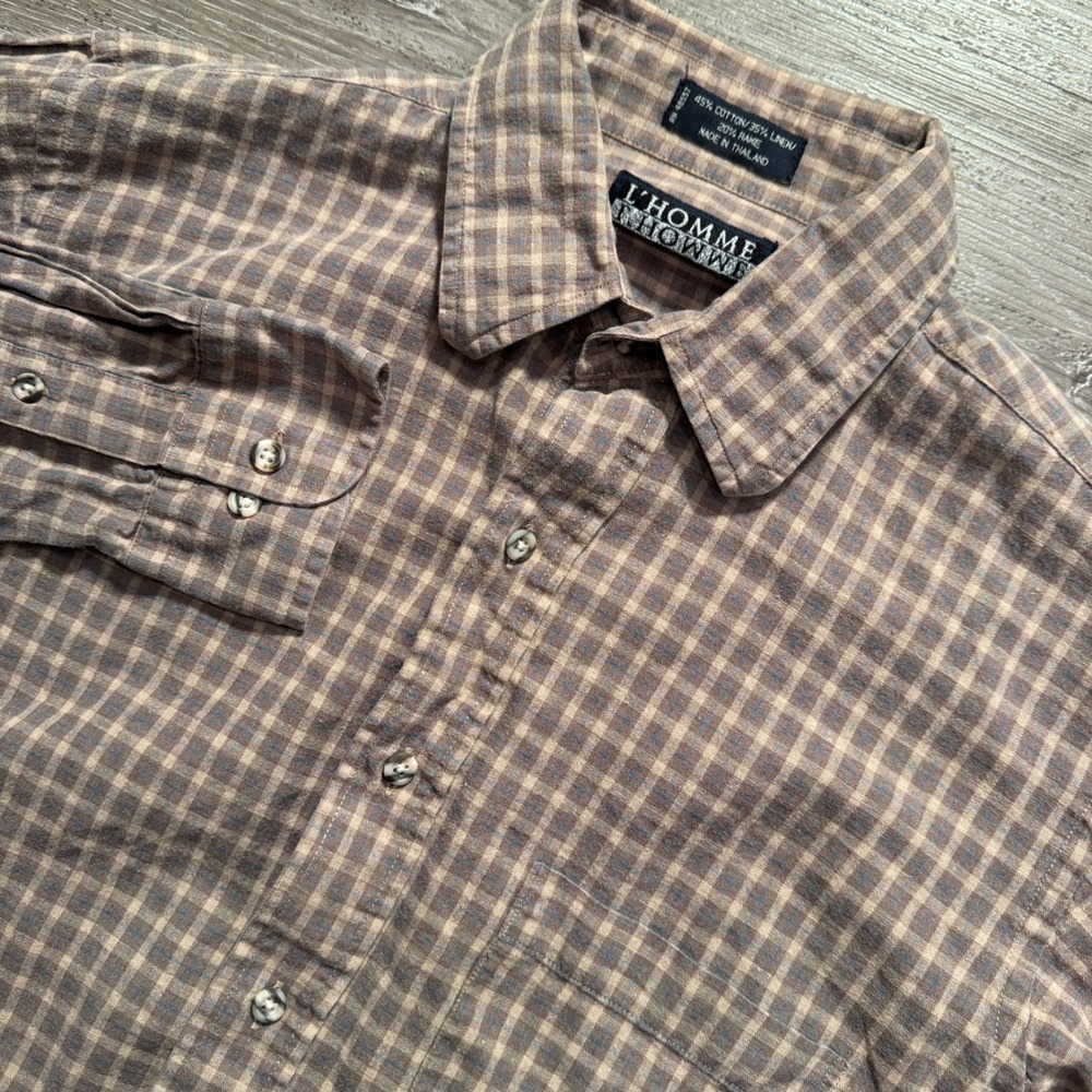 Vintage L'Homme Shirt Men 15 32/33 Brown Check Cotton Linen Ramie Heritage Arrow